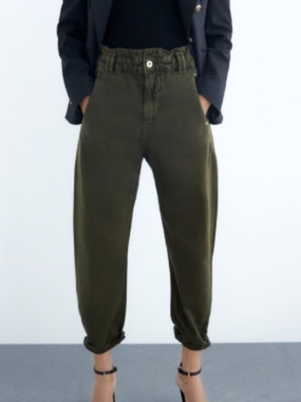 Zara Olive Green High-Waisted Paperbag Jeans